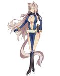  1girl animal_ears belt bodysuit book boots breasts brown_hair cat_ears cat_tail cleavage elbow_gloves fur glasses gloves highres long_hair presa_(tales) preza purple_eyes tail tales_of_(series) tales_of_xillia 