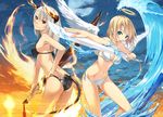  angel angel_and_devil ass bad_id bad_pixiv_id bikini black_bikini blonde_hair blue_eyes breasts cleavage demon_girl demon_horns demon_tail feathered_wings fire halo hand_on_hip holding horns kimura_(ykimu) long_hair long_legs medium_breasts multiple_girls navel original red_eyes short_hair side-tie_bikini strap_gap swimsuit sword tail water weapon white_bikini white_wings wings 