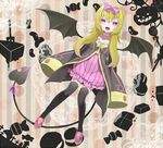  black_legwear blonde_hair blush bow cake candy cream_puff cross demon_tail demon_wings erubo fang food fork hair_bow hexagram jack-o'-lantern jelly_bean lollipop long_hair long_sleeves open_mouth original pink_eyes solo tail thighhighs wide_sleeves wings 