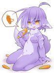  anthro blush breasts canine carrots claws dog ears_down female fur hindpaw hungry kneeing kneeling licking mammal navel nipples paws plain_background purple purple_fur sitting smug solo stripes tongue tuft yellow_eyes yoshiaki 