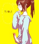  1boy androgynous blush brown_eyes brown_hair cho-_-cho erect erection long_hair open_mouth original penis ponytail shirt simple_background sleeves_past_wrist sleeves_past_wrists solo trap 