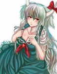  breasts cleavage collarbone ex-keine green_hair horns kamishirasawa_keine large_breasts long_hair multicolored_hair panzer red_eyes short_sleeves slit_pupils solo tail touhou two-tone_hair white_background white_hair 