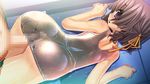  ass blush brown_hair buttjob huge_ass open_mouth penis penis_under_clothes pink_eyes rubbing sukumizu_tabehoudai swimsuit twintails wet 
