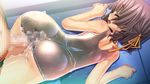  ass blush brown_hair buttjob cum cum_in_clothes cum_on_ass cum_on_body cum_on_clothes cum_on_lower_body cum_through_clothes ejaculation girl_on_bottom huge_ass lying open_mouth penis penis_under_clothes rubbing sukumizu_tabehoudai swimsuit twintails wet 