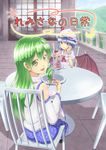  ataru_(cha2batake) bad_id bad_pixiv_id bat_wings blue_hair chair chin_rest cup detached_sleeves food frog_hair_ornament green_hair hair_ornament hair_tubes hat hat_ribbon kochiya_sanae long_hair looking_at_viewer looking_back macaron multiple_girls open_mouth puffy_sleeves red_eyes remilia_scarlet ribbon saucer short_hair short_sleeves sitting smile table tea teacup tiered_tray touhou translated wings yellow_eyes 
