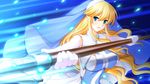  1girl blonde_hair blue_eyes blush breasts frill frills gakuen_taima game_cg hijirigaoka_lisa large_breasts long_hair looking_at_viewer solo weapon 