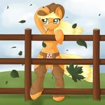  anthrofied applejack_(mlp) blonde_hair clothed clothing cloud clouds cowboy_hat equine female fence friendship_is_magic fur green_eyes hair hat horse leaf mammal my_little_pony orange_fur outside pony ratofdrawn sky solo standing topless wind wood 