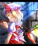  blonde_hair crystal flandre_scarlet hat hat_ribbon open_mouth puffy_sleeves qontamblue red_eyes ribbon short_hair short_sleeves side_ponytail solo touhou wings 