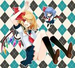  alternate_costume argyle argyle_background arm_up bad_id bad_pixiv_id bat_wings black_legwear blonde_hair blue_hair cierra_(ra-bit) flandre_scarlet hair_ribbon highres kneehighs looking_at_viewer multiple_girls neckerchief one_eye_closed open_mouth red_eyes remilia_scarlet ribbon school_uniform serafuku shirt siblings sisters skirt smile touhou wings 