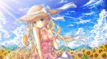  air blonde_hair blue_eyes casual cloud day flower hat hinokami_sakura kamio_misuzu long_hair sky smile solo straw_hat sunflower sunlight very_long_hair 