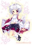  animal_ears bare_shoulders blush character_name detached_sleeves hikanyan inubashiri_momiji leaf looking_at_viewer md5_mismatch navel petals silver_hair skirt smile solo tail touhou wolf_ears wolf_tail 