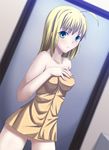  ahoge aqua_eyes artoria_pendragon_(all) bare_shoulders blonde_hair blush breasts censored collarbone covered_nipples fate/stay_night fate_(series) hair_down highres medium_breasts mosaic_censoring naked_towel parted_lips pussy saber short_hair skylader solo towel 