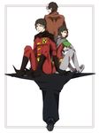  4boys back-to-back back_to_back batman batman_(series) black_hair boots border brothers cape damian_wayne dc_comics dick_grayson family jason_todd male male_focus multicolored_hair multiple_boys pixiv_thumbnail red_hood red_hood_(dc) red_robin resized robin_(dc) siblings sitting superhero tim_drake two-tone_hair 