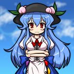  alternate_breast_size blue_hair blush cloud day eruru_(erl) food fruit hat highres hinanawi_tenshi leaf long_hair peach puffy_sleeves red_eyes short_sleeves sky smile solo touhou 