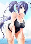  blue_eyes blue_hair breasts cleavage competition_school_swimsuit competition_swimsuit hayase_mitsuki highres huge_breasts kimi_ga_nozomu_eien long_hair one-piece_swimsuit ponytail swimsuit tnonizyou wet 