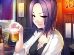  1girl alcohol bar beer breasts cleavage cup game_cg looking_at_viewer motto_nee_chanto_shiyou_yo! purple_hair short_hair smile solo sumeragi_kohaku 