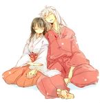  1girl 210_(titoto) animal_ears barefoot closed_eyes couple dog_ears hakama hetero higurashi_kagome holding_hands interlocked_fingers inuyasha inuyasha_(character) japanese_clothes leaning_on_person miko red_hakama sleeping 