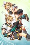  1boy 1girl bad_id blonde_hair blue_eyes bow brother_and_sister hair_bow headband highres instrument kagamine_len kagamine_rin keyboard limble microphone microphone_stand open_mouth ribbon siblings smile twins vocaloid wink 
