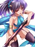  highres jewelry moneti_(daifuku) necklace original purple_hair red_eyes solo thighhighs weapon 