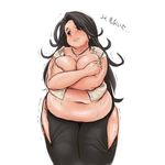  1girl artist_request black_hair blue_eyes blush breast_expansion breasts cleavage covering covering_breasts fat huge_breasts jewelry necklace sweat thick_thighs thighs weight_gain wide_hips 