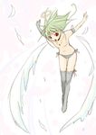  angel armband copyright_request flat_chest flying gloves green_hair halo nipples panties red_eyes solo taropun thighhighs topless underwear wings 