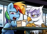  avian blue_fur box brown_fur chopsticks duo eating equine female feral food friendship_is_magic fur gilda_(mlp) gryphon gsphere hair horse inside mammal multi-colored_hair my_little_pony noodles pegasus pony purple_eyes rainbow_dash_(mlp) rainbow_hair table window wings 