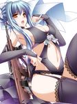  assault_rifle black_legwear blue_hair breasts bridal_gauntlets bullpup cleavage d: earrings garter_belt gun highres jewelry lace lace-trimmed_thighhighs large_breasts long_hair moneti_(daifuku) open_mouth orange_eyes original rifle solo steyr_aug thighhighs veil weapon 