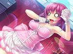  1girl blush breasts cleavage cloud game_cg gloves instrument microphone motto_nee_chanto_shiyou_yo! open_mouth pink_hair sakisaka_hidari short_hair show singing skirt sky solo stage sumeragi_kohaku sunlight 