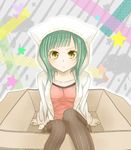  box cat_food_(vocaloid) green_hair hatsune_miku hood hoodie in_box in_container looking_at_viewer nyakelap pantyhose solo star striped striped_legwear vertical-striped_legwear vertical_stripes vocaloid yellow_eyes 