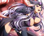  armor belt black_gloves breasts cho'gath cleavage ear_protection forehead_protector gloves helmet large_breasts league_of_legends long_hair pauldrons purple_eyes sex silver_hair syndra thighhighs umakatsuhai 