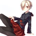  bags_under_eyes black_legwear blonde_hair blood earrings frown hair_over_one_eye highres hood hoodie idolmaster idolmaster_cinderella_girls jewelry otegoya pale_skin piercing pleated_skirt red_eyes shirasaka_koume short_hair skirt sleeves_past_wrists solo sweater 