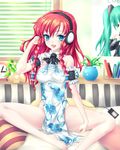  analog_clock aqua_eyes aqua_hair barefoot bed blue_eyes book braid breasts china_dress chinese_clothes clock detached_sleeves digital_media_player dress fred0092 hatsune_miku headphones headset highres hong_meiling indoors long_hair medium_breasts necktie no_hat no_headwear open_mouth pillow poster_(object) red_hair side_braid sitting smile solo touhou twin_braids vocaloid window 