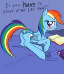  bed blush cutie_mark english_text equine female feral friendship_is_magic hair horse ldr looking_at_viewer mammal multi-colored_hair my_little_pony panties pegasus pony purple_eyes rainbow_dash_(mlp) rainbow_hair solo text underwear wings 