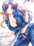  bird blue_eyes breasts cleavage dog highres long_hair medium_breasts moneti_(daifuku) monkey open_clothes open_fly open_pants open_shirt original purple_hair shirt sleeves_rolled_up solo unzipped 