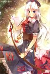  animal arrow bad_id bad_pixiv_id blue_eyes blush bow_(weapon) bunny cross hat highres long_hair moon puffy_sleeves red_cross short_sleeves silver_hair smile solo tamagogayu1998 touhou very_long_hair weapon yagokoro_eirin 