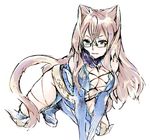  1girl belt bodysuit boots breasts brown_eyes brown_hair cat_tail cleavage fur glasses long_hair open_mouth presa_(tales) preza tail tales_of_(series) tales_of_xillia 