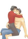  2boys barefoot black_hair blue_eyes blush dc_comics denim eye_contact hug jeans looking_at_another male male_focus multiple_boys muscle pants red_robin sitting smile superboy superhero tim_drake topless yaoi 