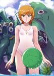  audrey_burne blush cloud covered_navel day gacha-m green_eyes gundam gundam_unicorn haro kshatriya mecha one-piece_swimsuit orange_hair parted_lips robot short_hair swimsuit wading wet white_swimsuit zeon 