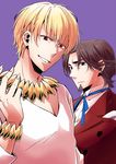  bad_id bad_pixiv_id blonde_hair blue_eyes bracelet brown_hair facial_hair fate/zero fate_(series) formal gilgamesh goatee gucce222 jewelry male_focus multiple_boys necklace red_eyes suit toosaka_tokiomi 