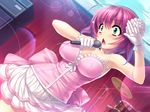  1girl blush breasts cleavage cloud game_cg gloves green_eyes instrument microphone motto_nee_chanto_shiyou_yo! open_mouth pink_hair sakisaka_hidari short_hair singing skirt sky solo stage sumeragi_kohaku sunlight sweatdrop 