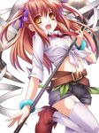  :d bandages belt blush bow bracelet brown_hair fang front-tie_top garter_straps hair_bow highres jewelry long_hair midriff moneti_(daifuku) necktie open_mouth original scythe shirt shoes short_shorts shorts smile solo thighhighs tied_shirt two_side_up white_legwear yellow_eyes 