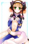  1girl belt blush bodysuit breasts brown_hair cosplay covering elbow_gloves fur gloves green_eyes hair_ornament hairband leia_roland leia_rolando navel patatata presa_(tales) preza ribbon short_hair tales_of_(series) tales_of_xillia 