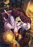  barefoot book bookshelf candle capelet cat couch crescent fireplace flower globe hat indoors kichiroku long_hair long_sleeves lying open_mouth patchouli_knowledge purple_eyes purple_hair rose solo touhou vase wide_sleeves 