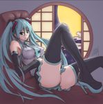  aqua_hair blackmoon boots breasts detached_sleeves green_eyes hatsune_miku high_heels impossible_clothes large_breasts long_hair necktie reclining shirt shoes skirt solo taut_clothes taut_shirt thigh_boots thighhighs twintails very_long_hair vocaloid window 