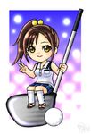  ball brown_eyes brown_hair chibi clap_hanz golf_ball golf_club lowres minna_no_golf peace_sign side_ponytail skirt small small_breasts smile v yuna_(minna_no_golf) 