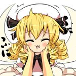  blonde_hair blush bow cheek_squash closed_eyes drill_hair fairy_wings hands hat kururunpa luna_child open_mouth puffy_sleeves solo touhou white_background wings 