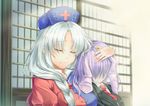  animal_ears bad_id bad_pixiv_id braid breasts bunny_ears closed_eyes death hair_over_eyes hand_on_another's_head hat long_hair medium_breasts moss_(sphere211) multiple_girls necktie nurse_cap purple_hair red_neckwear reisen_udongein_inaba silver_hair single_braid sitting touhou yagokoro_eirin 