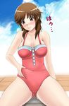  amagami blush brown_eyes brown_hair casual_one-piece_swimsuit covered_navel fuuma_nagi highres md5_mismatch one-piece_swimsuit pinching sakurai_rihoko short_hair sitting swimsuit weight_conscious 