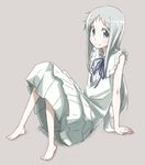  ano_hi_mita_hana_no_namae_wo_bokutachi_wa_mada_shiranai. arm_support barefoot blue_eyes dress full_body honma_meiko kirigaya_yuuji long_hair ribbon silver_hair simple_background solo 