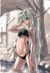  :o bikini black_bikini blush breasts elf green_eyes highres long_hair medium_breasts mimosa211 navel original pointy_ears side-tie_bikini silver_hair sketch solo swimsuit tree wading wet 